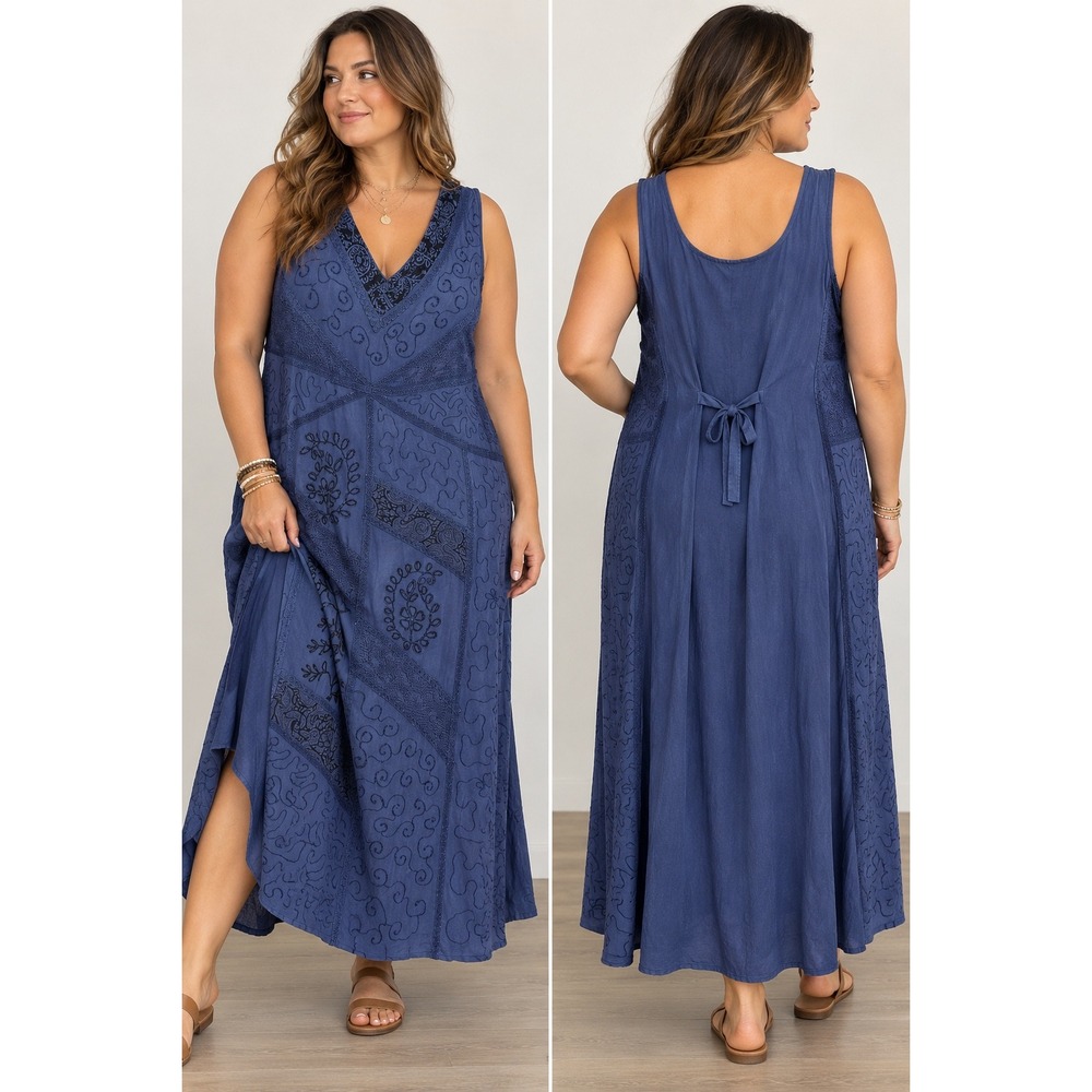 Blue Embroidered Maxi Dress Boho Lagenlook Artsy Festival V Neck Sz 2X